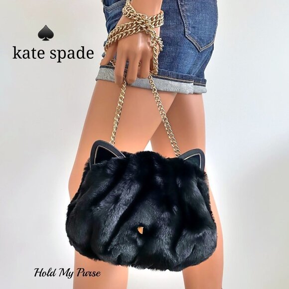 Kate Spade Pitch Purrfect Faux Fur Black Cat Bag NWT - Picture 4 of 11